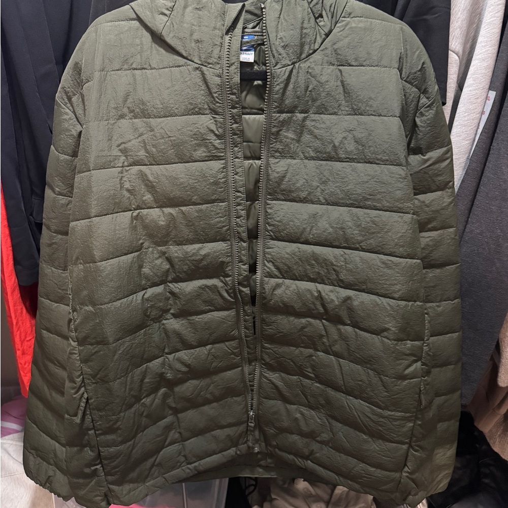 Men's Quilted Hooded Puffer Jacket - Olive size 2x